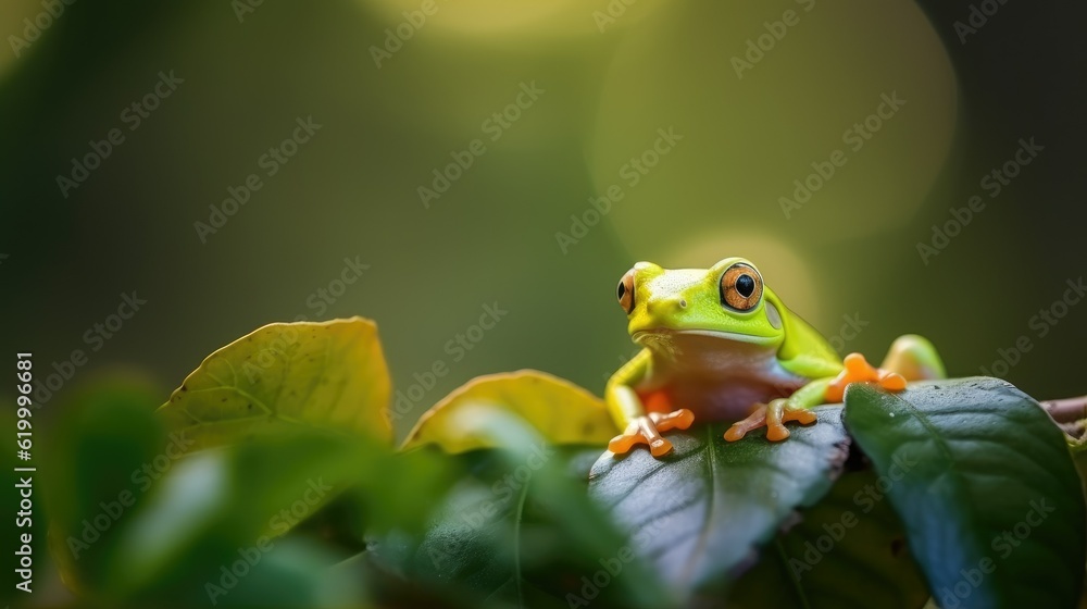 Obraz premium Beautiful tree frog on green leaves, flying frog on green leaves