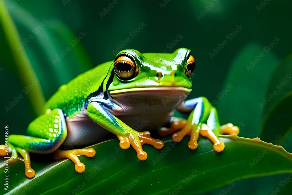 green frog on a leaf and natural view generative AI green frog on a leaf and natural view generative AI