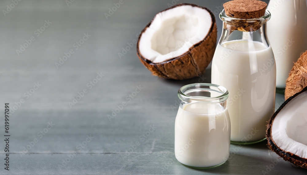 Coconut vegan milk non dairy in different bottles with copy space Coconut vegan milk non dairy in different bottles with copy space