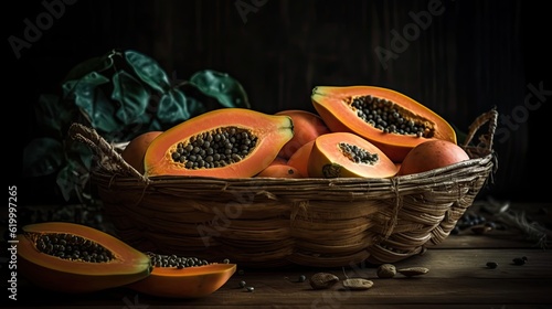 Closeup Papaya Fruits in a bamboo basket with blur background