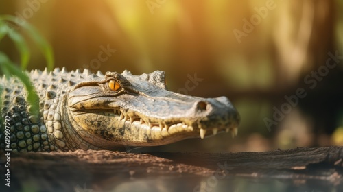 Head of a large crocodile close-up in the riverside