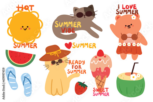 hand drawing cartoon cute summer element sticker set