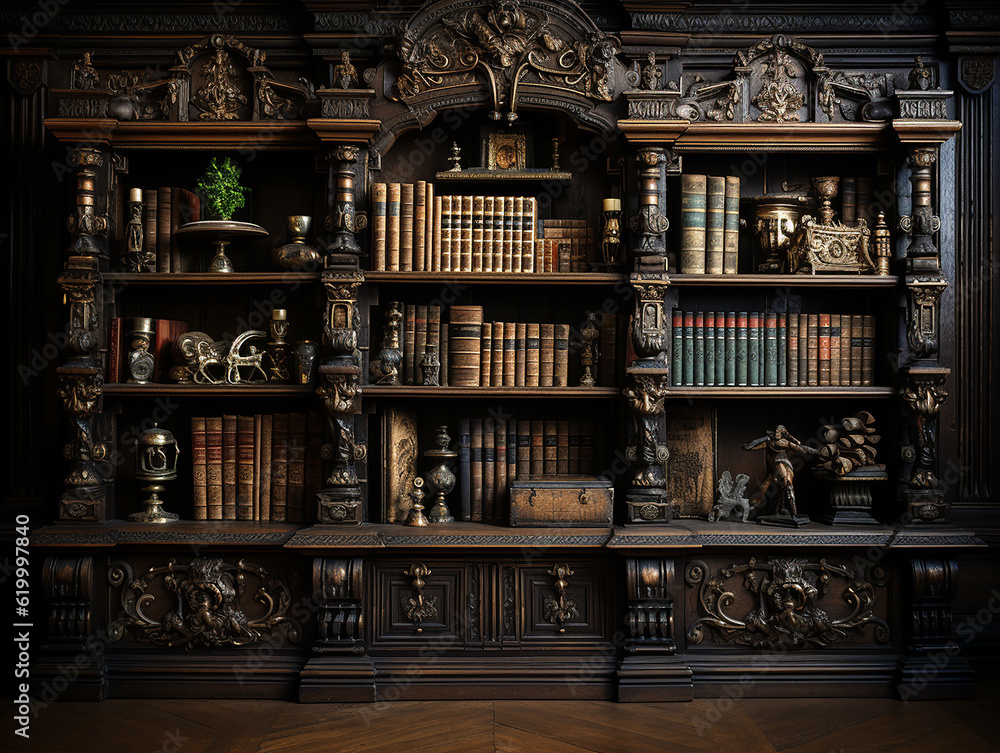 a photography of classical wooden library, insane detail AI generative