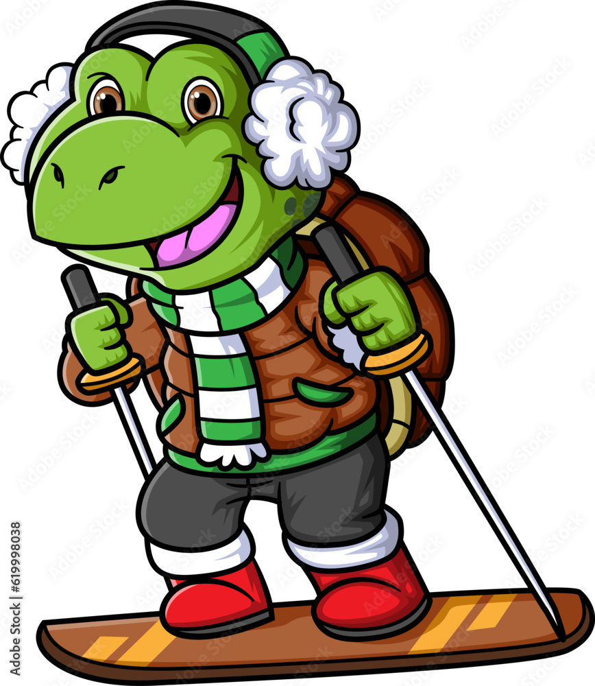 Cartoon little turtle skiing downhill Cartoon little turtle skiing downhill