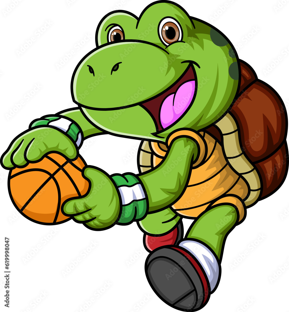 Obraz premium Cartoon little turtle playing basketball