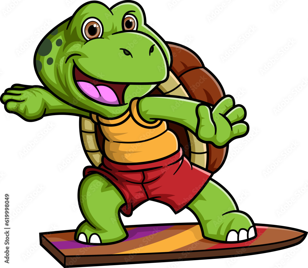 Fototapeta premium Cartoon little turtle playing surfing