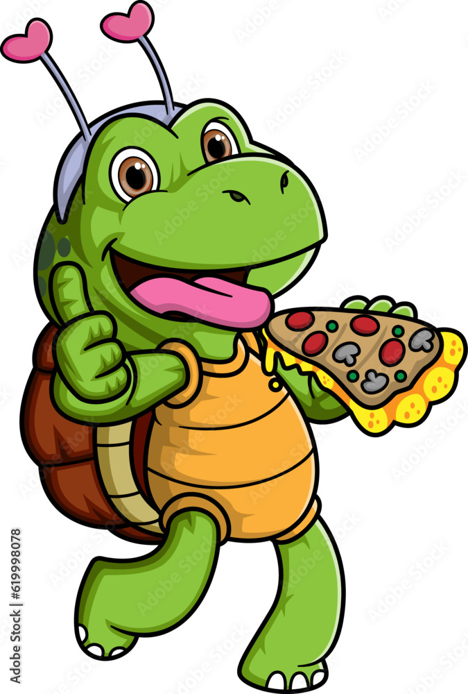 Fototapeta premium The cute turtle is eating a slice of pizza