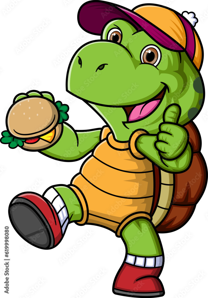 Obraz premium The cute turtle is eating hamburger