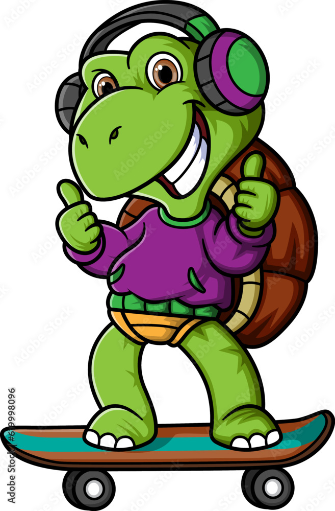 Fototapeta premium Cartoon little turtle playing skateboard