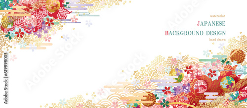 和柄, 和風, 年賀状, 背景, ベクター, フレーム, 和, お正月, 新年, 桜, 花, 雲, 冬, 春, 水彩, しぶき, 日本, カラフル, 金色, 金, 金箔, ゴールド, おしゃれ, 手描き, バナー, イラスト, グランジ, レトロ, モダン, デザイン