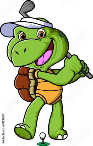 Cartoon turtle playing golf on the golf course