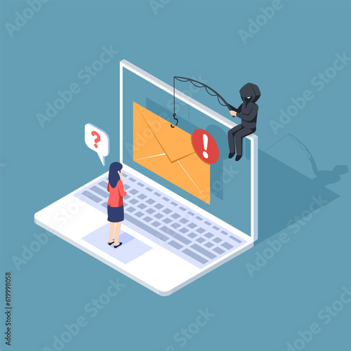 Phishing by disguised email. hacker attacks a computer laptop by message. fraud scam and steal private data on devices. vector illustration isometric flat design for cyber security awareness concept.