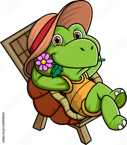Cartoon turtle sitting on beach chair and a flower