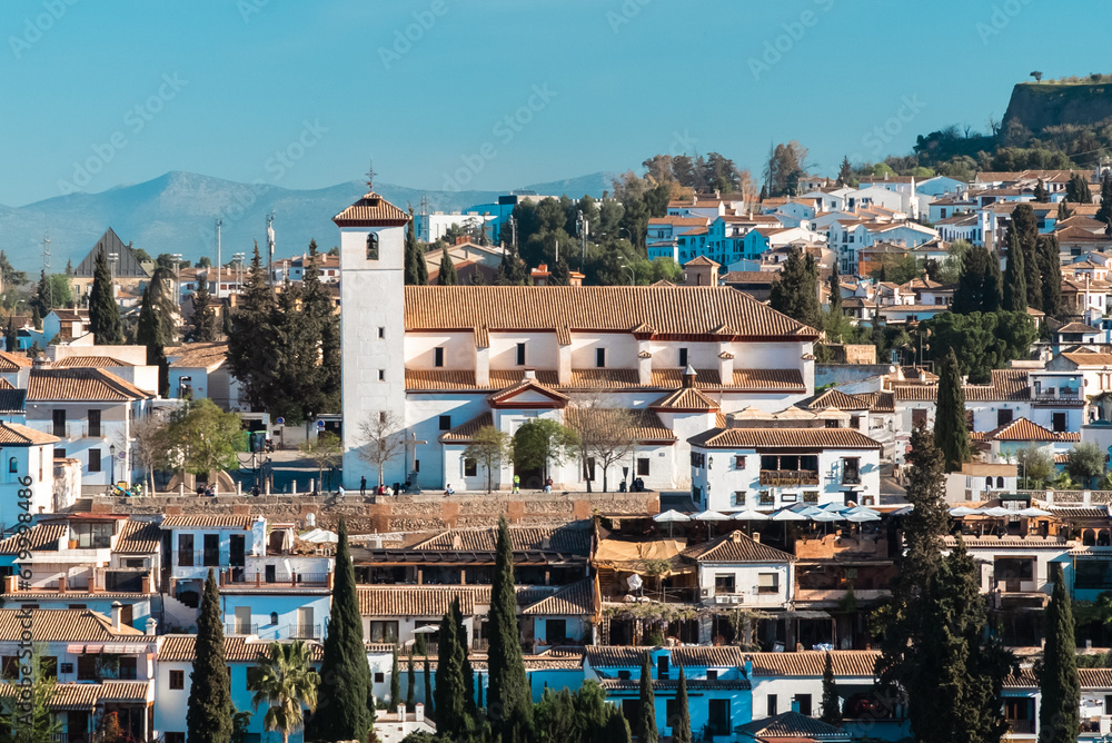 Panoramic landscape of the Albaicin neighborhood seen from the Alhambra. Granada, Spain.