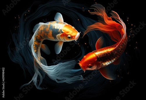 Beauty koi fish swimming on black background circular yin and yang