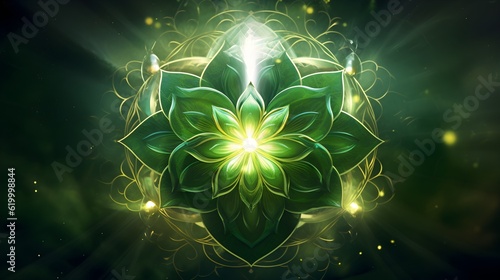 Anahata chakra symbol with mandala backdrop. Spiritual illustration for heart chakra meditation. green abstract design for Anahata Chakra with glowing light. generative ai  photo