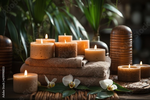 Brown towels with bamboo sticks and candles for spa massages and body treatments. Decorated with candles, spa stones, and salt on a wooden floor. The spa and wellness center is ready for beauty.