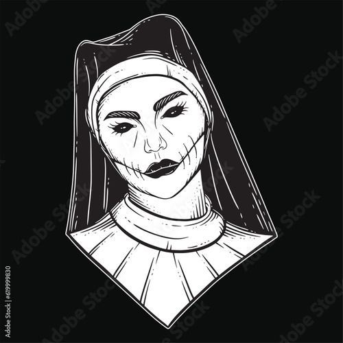 Dark Art Nun Girl Women Skull Head Ghost Horror Hatching Outline Style illustration