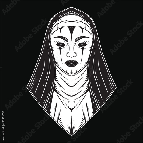 Dark Art Nun Tattoo Devil Women Skull Head Horror Hand Drawn Style illustration