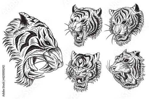 Set Bundle Tiger Head Angry Beast roaring mascot For Tattoo Clothing black and white Hand Drawn illustration