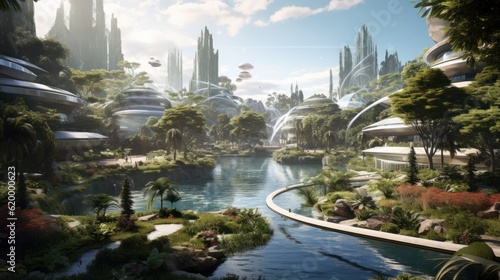 Tranquil park oasis within a sprawling cyberpunk city  featuring augmented reality sculptures  holographic wildlife  and serene gardens