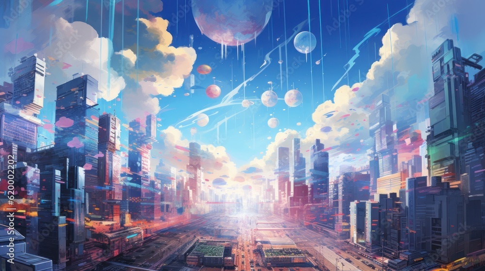 Sky filled with flying cars, drones, and holographic billboards, depicting a bustling and congested future cityscape Sky filled with flying cars, drones, and holographic billboards, depicting a bustling and congested future cityscape