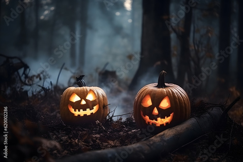 Glowing Halloween pumpkins in the dark forest  Generative AI
