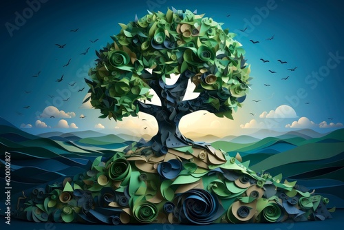 Ecosystem restoration, environment day concept tree background. Recycle icon paper cut banner with forest. Ecology project concept, Generative AI illustration © AITTHIPHONG