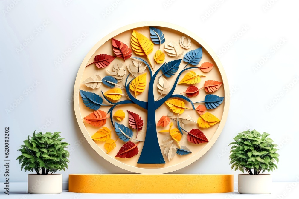 Fototapeta premium Ecosystem restoration, environment day concept tree background. Recycle icon paper cut banner with forest. Ecology project concept, Generative AI illustration