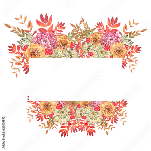 Watercolor autumn bouquet with flower and leaves and berries isolated on white background. Hand-drawn plant for wedding celebration with copy space. Clipart for wallpaper or wrapping. Banner template