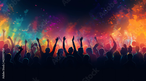 Crowd of fans on music concert on festival with their hands raised in front of stage. People standing at a festival. Generative AI