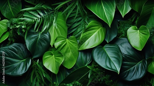 Tropical green leaves background, top view, flat lay, Generative AI