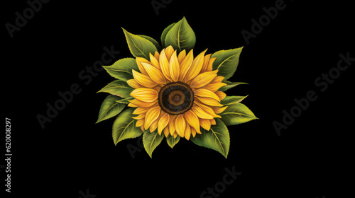 a vibrant yellow sunflower with lush green leaves against a striking black background