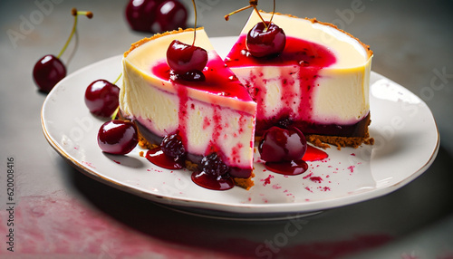 Cold cheesecake with cherry jelly.