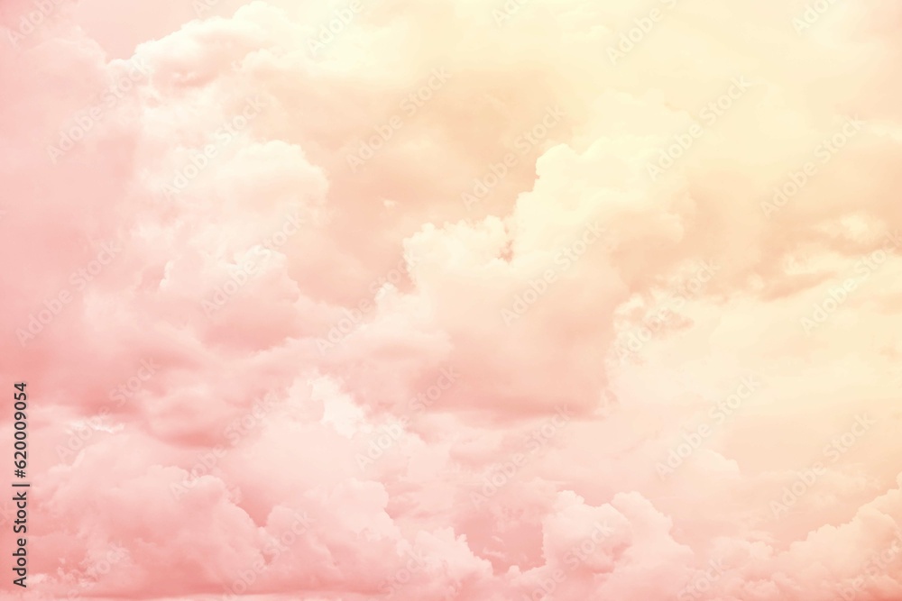 Evening sky with clouds. Golden sunset. Pastel pale yellow coral peach pink rose beige white abstract background for design. Color gradient. Template.