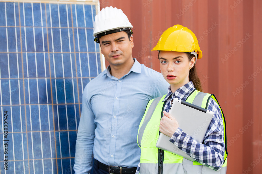 Portrait of solar cell industrial worker and engineer foreman looking at camera standing at construction site. Portrait of solar cell industrial worker and engineer foreman looking at camera standing at construction site.