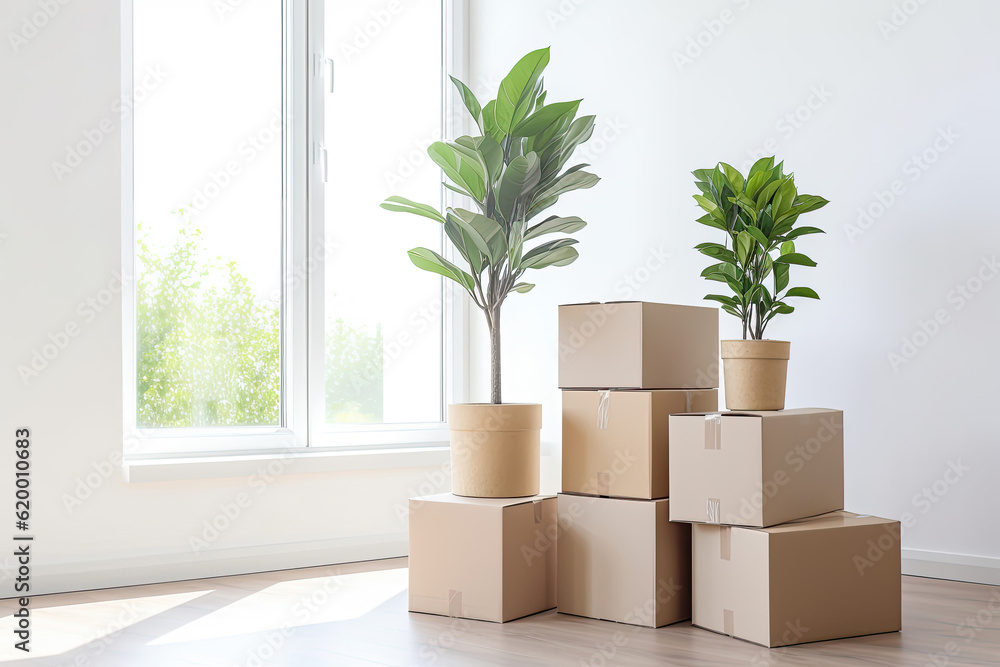 Cardboard boxes and plants ready for moving, Generative AI Cardboard boxes and plants ready for moving, Generative AI