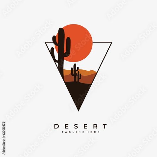 desert cactus camel vector template. sand dunes landscape graphic illustration.