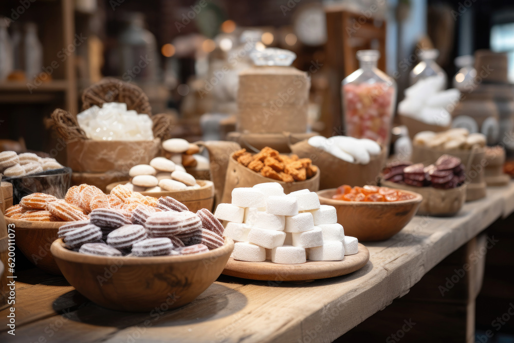 Various sweets on the table in a shop, Generative AI