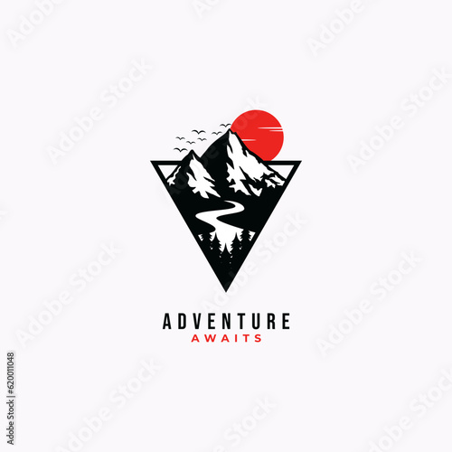 mountain outdoors vector graphic in vintage style. adventure traveling wilderness adventure logo illustration template.