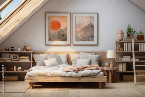 Bright and natural children s bedroom interior with wooden furniture designer equipment and a poster on a white wall