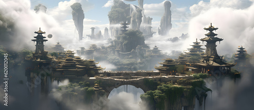 an artist's impression of a futuristic city surrounded by a floating landscape Generated by AI