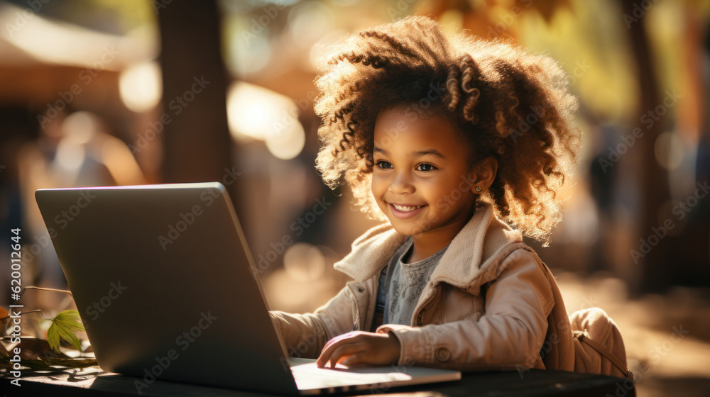 An elementary school girl sits at home with a laptop in an online lesson An elementary school girl sits at home with a laptop in an online lesson