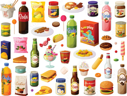 Cute vector illustration of various unhealthy junk food items, sugar drinks, alcohol, candy, snacks and dishes.