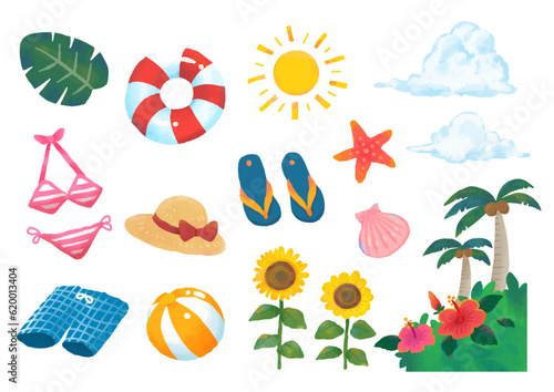 手描きの可愛くて楽しい夏の素材セット（透過）