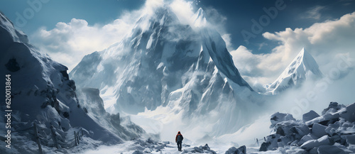 a person stands in the snow near a mountain Generated by AI