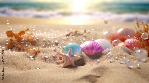Sunny tropical beach with shells and starfish on the beach with sea and blue sky as background on a hot sunny day.