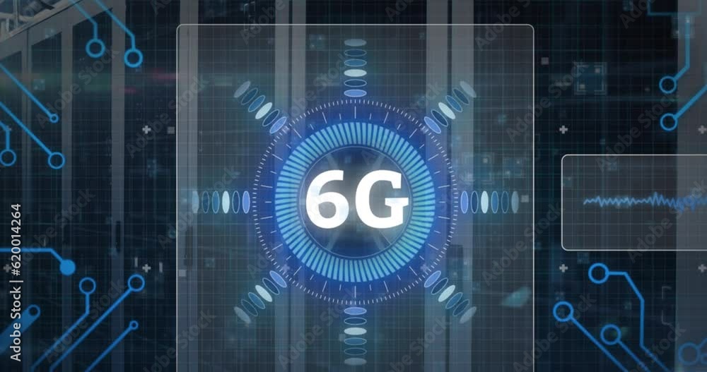 Animation of 6g text banner and microprocessor connections against computer server room Animation of 6g text banner and microprocessor connections against computer server room