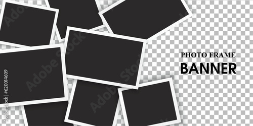 banner of empty photo frames compositions. Realistic vector mockups. Retro photo frames with shadow isolated on transparent background.