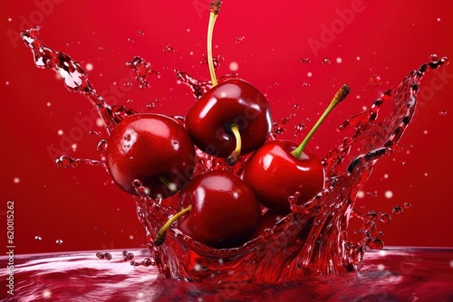 Delicious cherry berry juice splash, isolated on red background